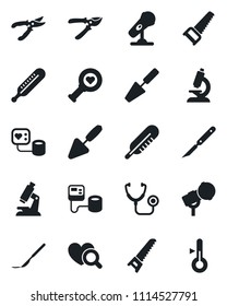 Set of vector isolated black icon - trowel vector, pruner, saw, stethoscope, blood pressure, thermometer, heart diagnostic, microscope, scalpel, microphone