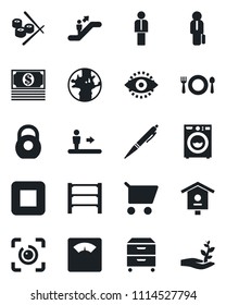 Set of vector isolated black icon - escalator vector, manager, bird house, scales, earth, heavy, rack, stop button, eye id, archive box, pen, washer, cafe, sushi, cart, cash, palm sproute