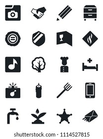 Set of vector isolated black icon - bomb in case vector, mobile phone, stamp, farm fork, tree, hospital bed, shield, music, photo gallery, archive box, pencil, water supply, cook, wine card, candle