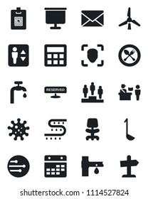 Set of vector isolated black icon - spoon and fork vector, passport control, elevator, mail, office chair, pedestal, drip irrigation, virus, calculator, network, calendar, face id, identity card