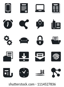 Set of vector isolated black icon - waiting area vector, mobile phone, tracking, news, laptop pc, radio, share, clock, alarm, mail, download, lock, fingerprint id, document folder, contract, pool