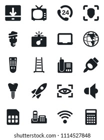 Set of vector isolated black icon - bomb in case vector, notebook pc, ladder, implant, 24 hours, speaker, tv, remote control, radio phone, hdmi, sim, download, face id, office, wireless, eye scan