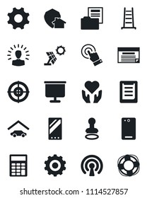 Set of vector isolated black icon - stamp vector, gear, ladder, heart hand, clipboard, touch screen, mobile, phone back, settings, presentation board, document folder, calculator, target, garage