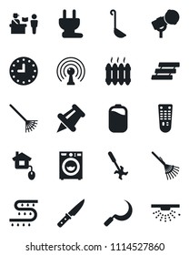 Set of vector isolated black icon - passport control vector, rake, sickle, drip irrigation, ripper, clock, microphone, antenna, remote, paper pin, battery, tray, washer, heater, ladle, knife, home