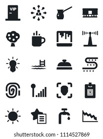 Set of vector isolated black icon - hot cup vector, hierarchy, sun, drip irrigation, railroad, antenna, favorites list, scanner, face id, cellular signal, identity card, pool, water supply, vip zone