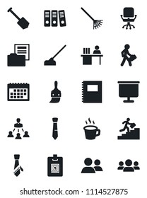 Set of vector isolated black icon - office chair vector, job, rake, hoe, group, themes, calendar, coffee, copybook, presentation board, document folder, identity card, manager desk, paper binder