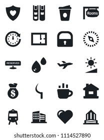 Set of vector isolated black icon - train vector, coffee, sickle, heart, shield, plane, brightness, compass, lock, book, house, plan, rooms, office building, reserved, water, money bag, clock
