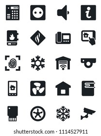 Set of vector isolated black icon - smart home vector, socket, fingerprint, fan, water heater, web camera, snowflake, intercome, control app, smoke detector, sound, garage gate, combination lock