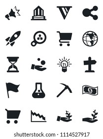Set of vector isolated black icon - consumer search vector, palm sproute, rocket, pennon, earth, crisis, investment, idea, cart, flask, flag, cash, social media, advertising, office building
