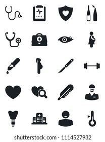 Set of vector isolated black icon - heart vector, doctor case, stethoscope, dropper, thermometer, diagnostic, ampoule, scalpel, barbell, shield, implant, eye, pulse clipboard, hospital, patient