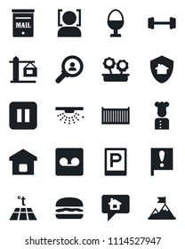 Set of vector isolated black icon - parking vector, barbell, important flag, cargo container, pause button, record, face id, mailbox, smart home, flower in pot, crane, cook, egg stand, hamburger