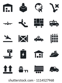 Set of vector isolated black icon - arrival vector, escalator, alarm car, plane, seat map, globe, ambulance, sea shipping, truck trailer, port, container, consolidated cargo, up side sign, warehouse