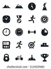 Set of vector isolated black icon - pedestal vector, medal, barbell, bike, run, heavy, clock, stopwatch, mountains, target, award cup