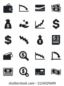 Set of vector isolated black icon - credit card vector, dollar sign, money bag, crisis graph, cash, receipt, wallet, growth, search, investment