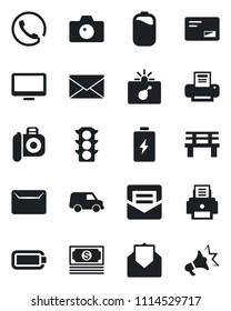 Set of vector isolated black icon - bomb in case vector, camera, mail, bench, cash, traffic light, monitor, battery, printer, phone, car, advertising