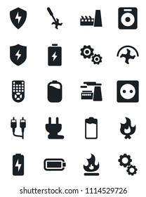 Set of vector isolated black icon - factory vector, ripper, fire, remote control, speaker, battery, rca, protect, charge, socket, power plug, gear