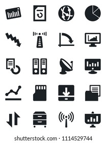 Set of vector isolated black icon - antenna vector, office binder, crisis graph, statistic monitor, document reload, folder, barcode, satellite, network, sd, data exchange, download, statistics, pie