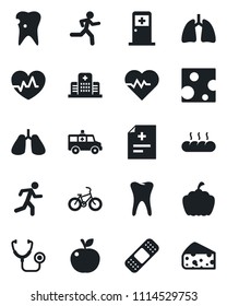 Set of vector isolated black icon - medical room vector, pumpkin, heart pulse, diagnosis, stethoscope, patch, ambulance car, bike, run, lungs, tooth, caries, hospital, bread, apple fruit, cheese