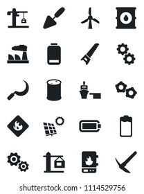 Set of vector isolated black icon - gear vector, factory, trowel, saw, sickle, sea port, flammable, oil barrel, battery, low, sun panel, crane, water heater, windmill, hard work