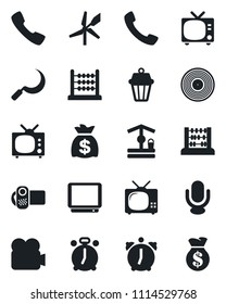 Set of vector isolated black icon - alarm clock vector, tv, abacus, money bag, well, sickle, vinyl, video camera, microphone, call, outdoor lamp, windmill