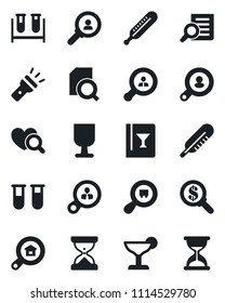 Set of vector isolated black icon - document search vector, blood test vial, thermometer, heart diagnostic, fragile, cargo, torch, estate, client, wine card, cocktail, consumer, money, sand clock