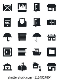 Set of vector isolated black icon - automatic door vector, shop, store, container, umbrella, mail, scanner, folder, document, mailbox, home control, jalousie, garage gate, storefront
