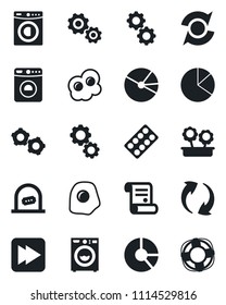 Set of vector isolated black icon - ticket office vector, washer, gear, circle chart, contract, pills blister, fast forward, update, pie graph, flower in pot, omelette, crisis management