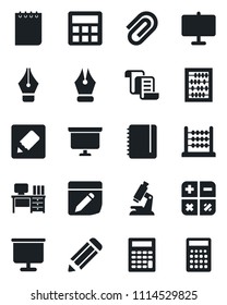Set of vector isolated black icon - contract vector, calculator, abacus, desk, notepad, presentation board, pencil, microscope, notes, paper clip, ink pen