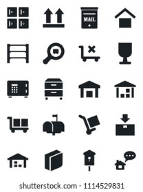 Set of vector isolated black icon - safe vector, checkroom, bird house, fragile, cargo, warehouse storage, up side sign, no trolley, package, search, rack, blank box, archive, mailbox, home message