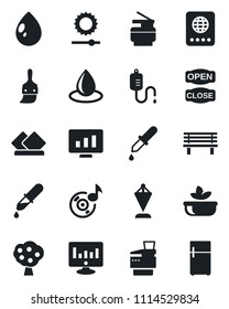 Set of vector isolated black icon - passport vector, pennant, statistic monitor, water drop, bench, dropper, themes, brightness, music, copier, fruit tree, salad, open close, serviette, fridge