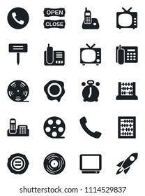 Set of vector isolated black icon - alarm clock vector, phone, tv, abacus, stamp, plant label, reel, vinyl, radio, call, office, open close, rocket