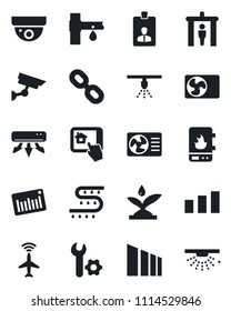 Set of vector isolated black icon - plane radar vector, security gate, identity card, drip irrigation, sorting, barcode, chain, root setup, air conditioner, water heater, home control app, sprinkler