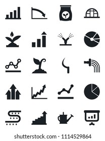 Set of vector isolated black icon - growth statistic vector, watering can, sproute, sickle, greenhouse, fertilizer, drip irrigation, bar graph, pie, point, arrow up, crisis, presentation