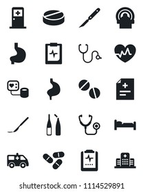 Set of vector isolated black icon - bed vector, medical room, heart pulse, diagnosis, stethoscope, blood pressure, pills, ampoule, scalpel, tomography, ambulance car, stomach, clipboard, hospital