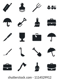 Set of vector isolated black icon - suitcase vector, umbrella, baggage larry, job, shovel, farm fork, axe, scalpel, fragile, themes, case, stamp, ladle