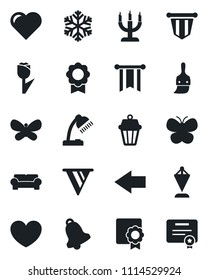 Set of vector isolated black icon - left arrow vector, pennant, butterfly, heart, tulip, themes, bell, sertificate, desk lamp, cushioned furniture, candle, snowflake, outdoor, pennon, certificate