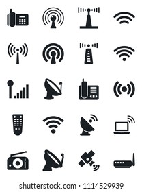 Set of vector isolated black icon - antenna vector, satellite, wireless notebook, office phone, radio, remote control, cellular signal, router