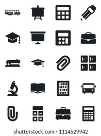 Set of vector isolated black icon - airport bus vector, checkroom, book, calculator, graduate, abacus, presentation board, microscope, case, paper clip, pencil, stapler