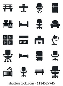 Set of vector isolated black icon - bed vector, checkroom, office chair, desk, bench, lamp, bedroom, children room, cushioned furniture, fireplace, restaurant table, alcove, fridge
