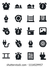 Set of vector isolated black icon - alarm clock vector, abacus, stamp, fireplace, film frame, flame disk, gallery, ink pen, house with tree, power plug