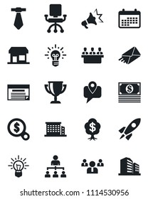 Set of vector isolated black icon - hierarchy vector, team, mobile tracking, meeting, office building, rocket, chair, money search, idea, calendar, cash, schedule, mail, advertising, award cup, tie