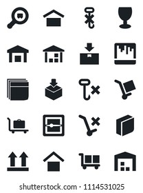 Set of vector isolated black icon - baggage trolley vector, fragile, cargo, warehouse storage, up side sign, no, hook, package, search, scanner, blank box