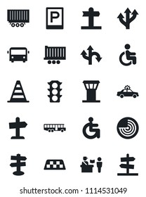 Set of vector isolated black icon - airport tower vector, taxi, bus, parking, passport control, alarm car, border cone, radar, disabled, route, signpost, traffic light, truck trailer, guidepost
