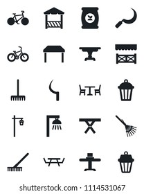 Set of vector isolated black icon - cafe vector, rake, sickle, garden light, picnic table, fertilizer, bike, restaurant, alcove, outdoor lamp