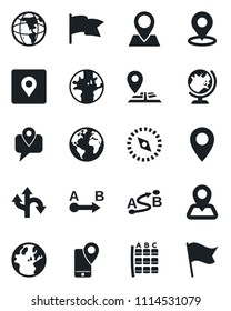 Set of vector isolated black icon - globe vector, seat map, route, navigation, earth, pin, mobile tracking, place tag, compass, flag