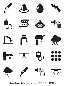 Set of vector isolated black icon - crisis graph vector, watering, water drop, rain, drip irrigation, dropper, menu, supply, sprinkler