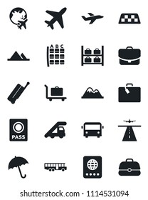 Set of vector isolated black icon - plane vector, runway, taxi, suitcase, baggage trolley, airport bus, umbrella, passport, ladder car, seat map, luggage storage, globe, mountains, case