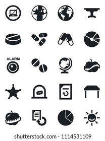 Set of vector isolated black icon - no laptop vector, ticket office, globe, document reload, pills, diet, earth, pie graph, table, police, alarm led