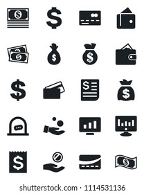 Set of vector isolated black icon - credit card vector, ticket office, dollar sign, money bag, statistic monitor, cash, receipt, wallet, investment