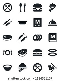 Set of vector isolated black icon - spoon and fork vector, dish, cafe, menu, plates, waiter, steak, kebab, hamburger, bowl, sushi